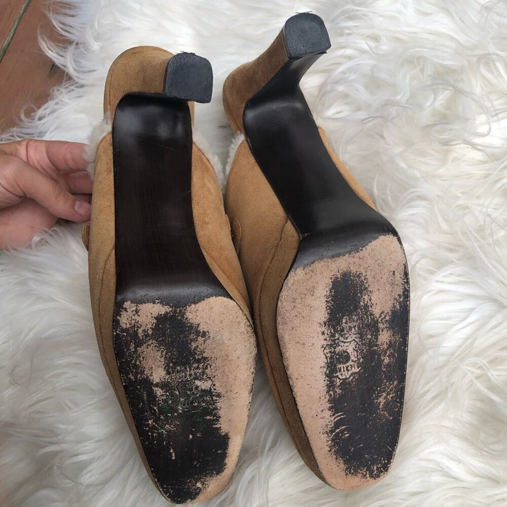 Stuart Weitzman Suede Buckle Fuzzy Platform Heel - image 5